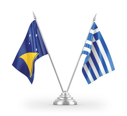 Greece and Tokelau table flags isolated on white 3D rendering