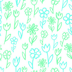 Vector seamless pattern. Pretty blue colors flowers , tulips. Hand drawn simple sketch style for decor textile , wrapping paper, wallpaper. Spring, easter.