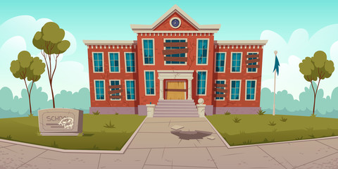 Abandoned old school with broken windows and boarded up door. Vector cartoon illustration of summer landscape with derelict dilapidated building, forgotten ramshackle house © klyaksun