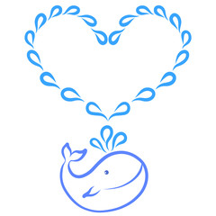 cute chubby happy whale and heart from the fountain