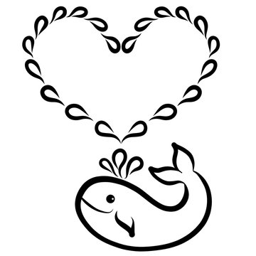 cheerful cute whale and a heart from the drops of his fountain