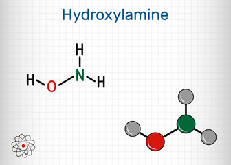 Hydroxylamine, NH2OH molecule. It is inorganic compound, used in organic synthesis and as a reducing agent, due to its ability to donate nitric oxide. Sheet of paper in a cage