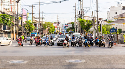 BANGKOK, THAILAND - JUNE 04, 2016: Traffic nears gridlock on a busy road in the city center....