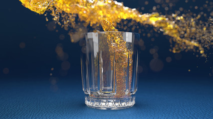 Glass of whisky. CGI 3D image with fluid simulation. 3D rendering. Art