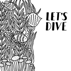 Hand drawn lettering. Let's go diving. Pale blue watercolor stain.