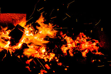 The clearest image of burning coals and sparks close-up as background