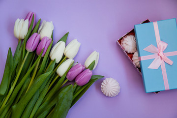 Bouquet of tulips with sweet box on a purple background.