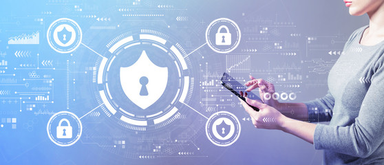 Cyber security theme with business woman using a tablet computer