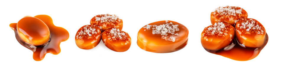 Toffee candy. Caramel candies isolated on white background with salt and sauce, collection, close up