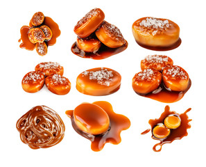 Caramel Toffee candies Collection isolated.  Salty Caramel pieces with sauce on white background close-up