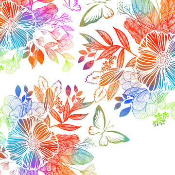 Rainbow abstract flower with butterflies. Mixed media. Vector illustration