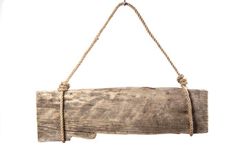 empty wooden sign hanging on a rope on white background