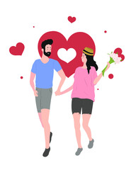 Couple in love. Romantic characters walking in shorts. Girlfriend with bouquet of flowers and looks at her boyfriend. Valentines day greetings. Vector flat illustration.