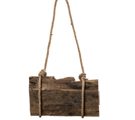 empty wooden sign hanging on a rope on white background