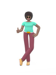 Young cheerful african girl posing in free pose with thumb up. Positive character in casual colored clothes isolated on a white background. 3D rendering.
