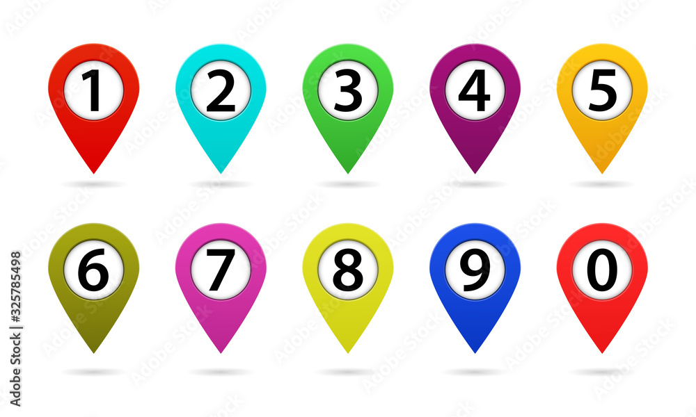 Aufkleber map marker with number. pointer icon for gps on road. color position pin sign for direction in trave