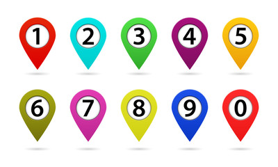 Map marker with number. Pointer icon for gps on road. Color position pin sign for direction in travel. Green, orange, red button arrow for communication. Set of route pointer on map. Isolated vector.