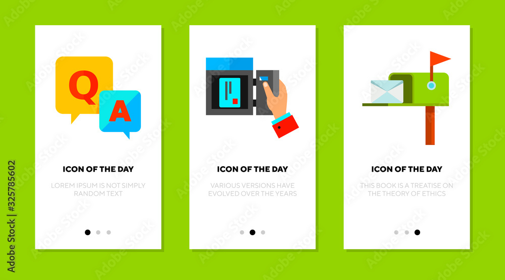 Poster mail delivery flat icon set. post office, letter, envelope isolated vector sign pack. communication 