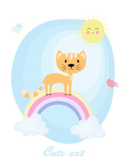 Vector illustration with a cat on a colored rainbow with the sun, a bird on a blue background in a flat cartoon style for children's design.