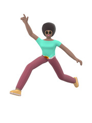 Young cheerful African girl dancing and jumping with arms raised up. Positive character in casual colored clothes isolated on a white background. 3D rendering.