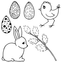 Set of elements about Easter in doodle style, isolated on a white background. Hand drawn vector illustration.