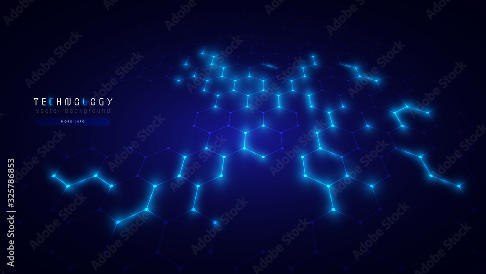 Poster blue abstract hexagon net technology background,futuristic hexagon tech background,cyberspace techno