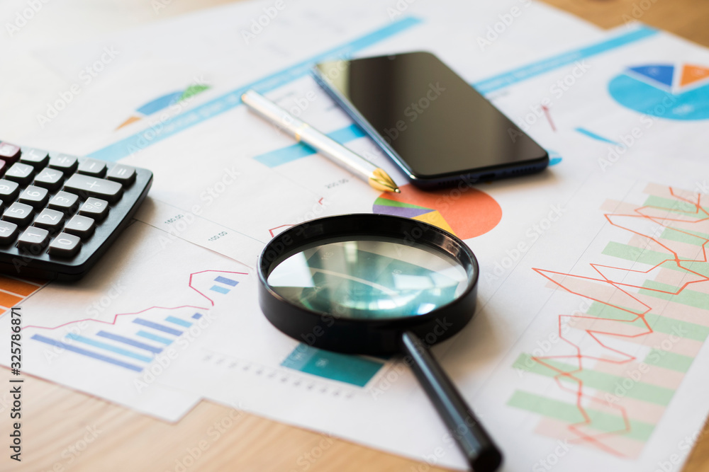 Poster businessman working calculate data document graph chart report marketing research development in off