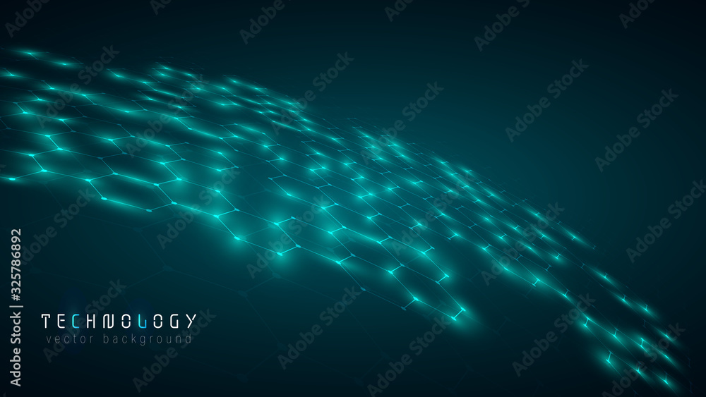 Poster green blue global abstract hexagon net technology background,futuristic hexagon tech background,cybe