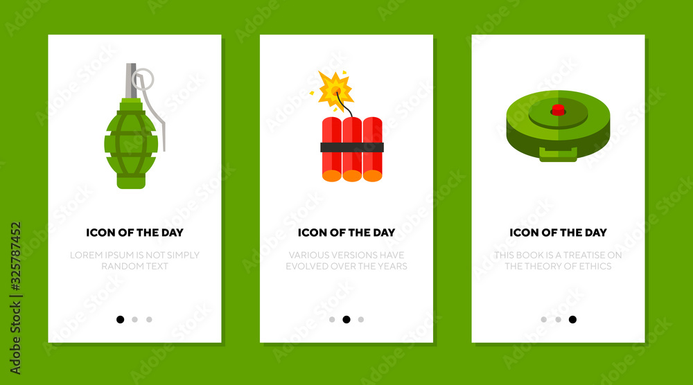 Poster explosive ammunition flat icon set. grenade, dynamite, land mine isolated vector sign pack. military