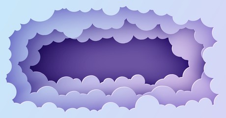 Night sky clouds rectangular frame in paper cut style. Cut out 3d background with violet blue gradient cloudy panorama landscape papercut art. Cute vector card for wish good night sweet dreams.