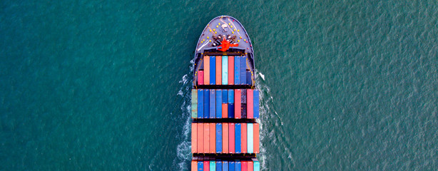  Top View  Cargo containers ship logistics transportation Container Ship Vessel Cargo Carrier. import export logistic international export and import services export products worldwide - obrazy, fototapety, plakaty