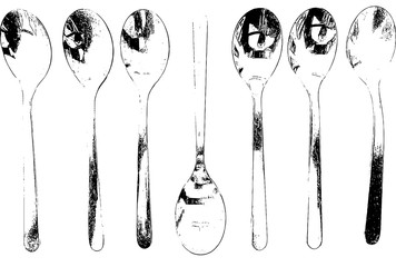 Group of modern spoons of a kitchen in an illustration made with high contrast