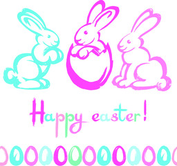 Vector set: easter holiday elements for design pretty cards, posters , decor. Pink and blue colors eggs, rabbits. Seamless, endless line ornament from eggs. Easter bunny. Hand drawn, sketch style