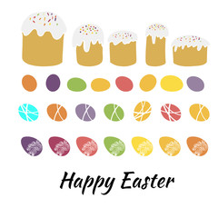 Vector illustration set design elements Easter traditional symbols collection- Easter cake and egg, Happy Easter greeting card in pastel color on white