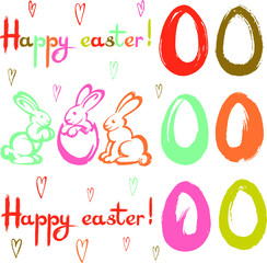 Vector set: easter holiday elements for design pretty cards, posters , decor. Different colors eggs, rabbits, simple hearts and lettering Happy easter! Hand drawn, sketch style