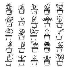 plant in pot and seedling icons line set