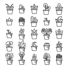 plant in pot and seedling icons line set