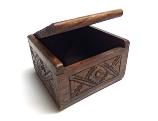 Square dark wooden box isolated on white Background. Side view of Decorative dark wood tea box with opened cover.