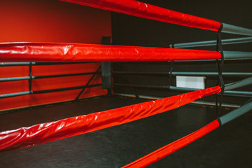 Empty ring for sparring, adapted for boxers, athletes who are fighting with their rivals, ropes in red and gray, a corner for a timeout, a sports hall for training combat varieties