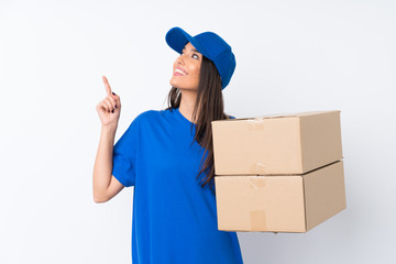 Young delivery woman over isolated white background pointing with the index finger a great idea