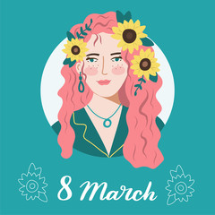 International Women's Day concept. Beautiful red curly girl with sunflowers in her hair. 8 March card. Vector illustration.