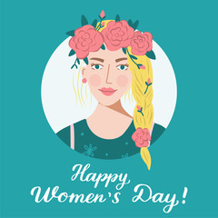 International Women's Day concept. Beautiful blonde girl with a pigtail and a wreath of roses. 8 March card. Vector illustration.
