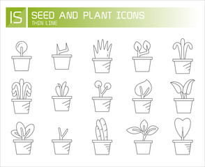 plant in pot and seedling icons line set