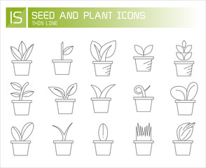 plant in pot and seedling icons line set