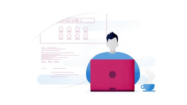 Person Using Laptop for Searching the Internet. Set of 2 male and femaie loop ready animations in modern flat, textured illustration style.