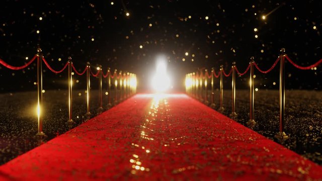Red carpet with falling gold confetti. 4K 3D loop animation