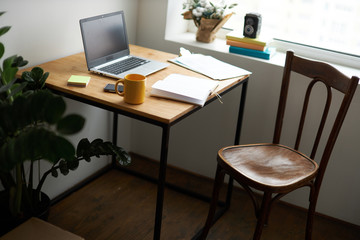 Writing and working space . Clean scene of the desk in office or room. Blank screen for mock up.side view photo.