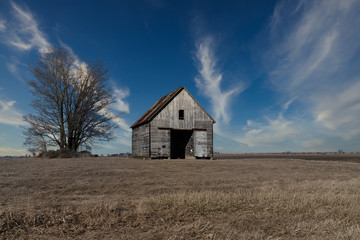 An old, white, wooden corn crib next to a bare tree in the winter. An empty, plowed farm field can be seen in the distance.