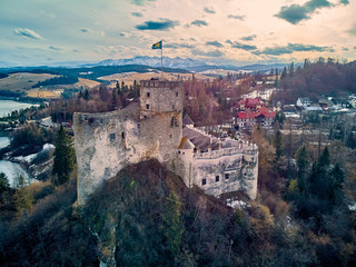 Fototapeta na wymiar Beautiful panoramic aerial drone view to the Niedzica Castle also known as Dunajec Castle, located in the southernmost part of Poland in Niedzica, Nowy Targ County, Dunajec River, Lake Czorsztyn