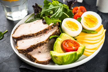 Keto diet plate on black stone table.